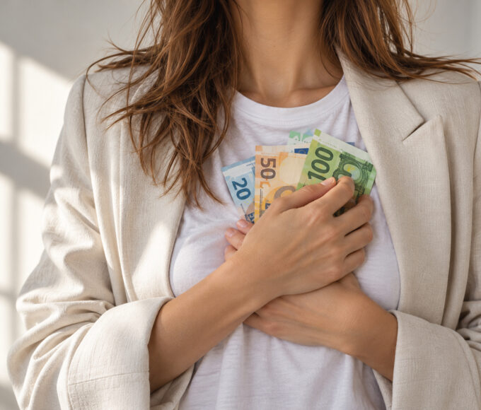 Junge Frau hält Euro-Scheine mit beiden Händen vor ihr Herz – Symbolbild für Geldwunden, Money Mindset und das Versprechen von Fülle.