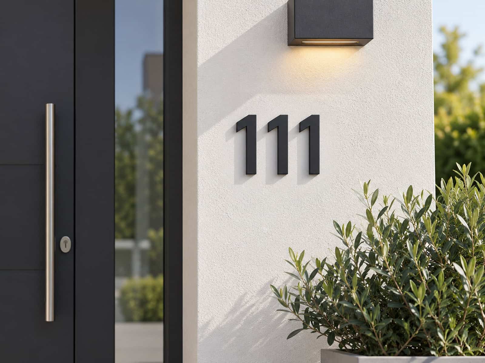 Moderne Hausfassade mit der Hausnummer 111 neben einer dunklen Eingangstür.