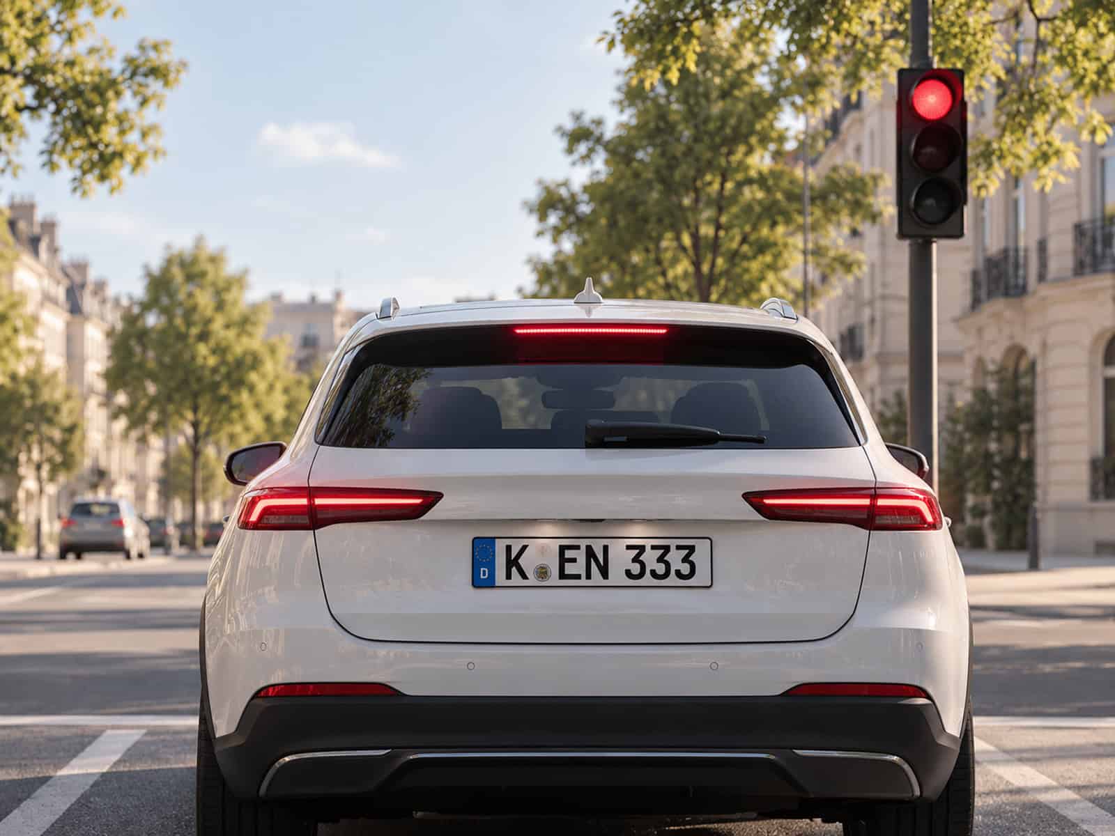 Weißes Auto mit dem Kennzeichen K-EN 333 an einer roten Ampel - Thema Engelszahlen.