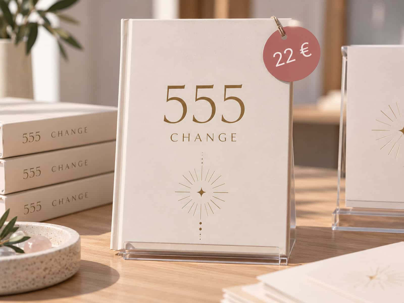 Präsentiertes Buch mit Engelszahlen mit dem Titel „555 CHANGE“ und einem Preisschild über 22 Euro.