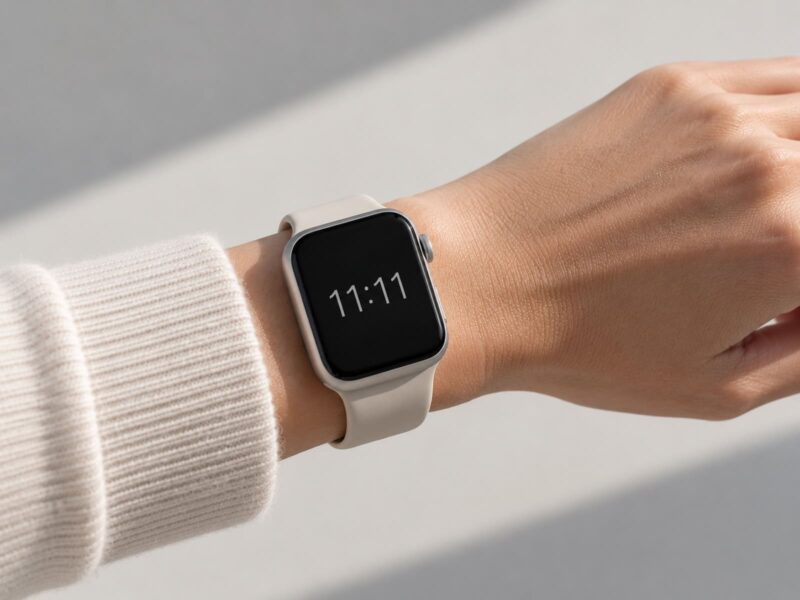 Damenhand mit Smartwatch, die die Uhrzeit 11:11 anzeigt.